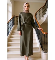 Kadın Maxi Elbise Bisiklet Yaka Uzun Kol A-line Kesim Keten Dokulu Astarsız Günlük Rahat Modern
