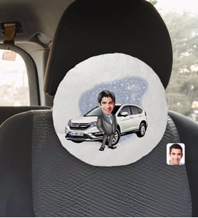 BK Gift Kişiye Özel Plakalı Erkek Honda CR-V Karikatürlü Yuvarlak Araç Koltuk Yastığı-1