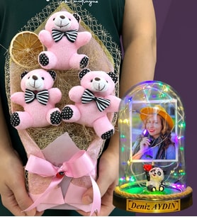 Kişiye Özel Renkli Led Işıklı Fanus ve Büyük Boy Pembe Ayıcık Buketi Hediye Seti (Model 8)