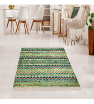 Kilim Desenli Etnik Dijital Baskı Yıkanabilir Kaymaz Taban Eskitme Salon Halı ve Yolluk (Yeşil)