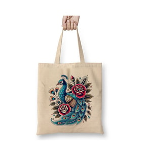 Tavus Kuşu Peacock Art 01 Beyaz Bez Çanta Uzun Saplı Alışveriş Çantası Plaj Çantası