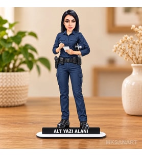 Kişiye Özel Kadin Polis Kisiye Ahsap Karikatürlü 18 cm MDF Masaüstü Biblo - Polise Hediye Polis Hediyesi