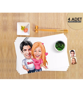 BK Gift Kişiye Özel Sevgililer Karikatürlü 4 Adet Amerikan Servis Seti-5 (Beyaz)