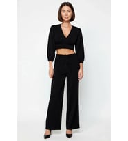 Kadın Büyük Beden V Yaka Uzun Kollu Crop Top Geniş Paça Bağlama Detaylı Keten Takım Günlük Rahat