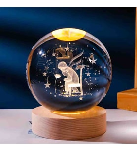 Wolawood Kristal Cam Kar Küresi 3D Işıklı LED Lamba USB Kablolu Ahşap Standlı Özel Gün Işığı Dekoratif Hediyelik Konsept Masaüstü Aksesuar Şık Zarif Süs Biblo Dekor Top Özel Üretim Premium Ay Küre Seti