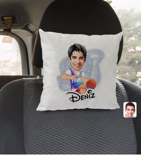 BK Gift Kişiye Özel İsimli Erkek Basketbolcu Karikatürlü Kare Araç Koltuk Yastığı-2