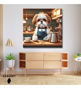 Kare Kanvas Kahve Köşesi Cafe Tablosu Barista Shih Tzu Köpek