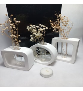Modern Sanat Esintili, Dikdörtgen-Kare-Yuvarlak Formlu, Cam Tüplü Dekoratif 3'lü Vazo Set (Düz Beyaz)