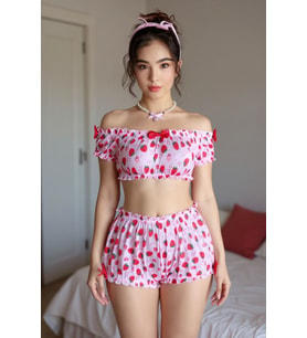 Kadın Kısa Şortlu Fiyonk Detaylı Çilekli Büstiyer Mini Pembe Pijama Takım
