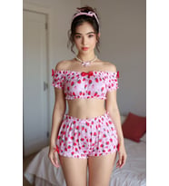 Kadın Kısa Şortlu Fiyonk Detaylı Çilekli Büstiyer Mini Pembe Pijama Takım