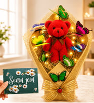 LED Işıklı Kırmızı Peluş Ayıcıklı Renkli Kelebek Buketi – Sevgiliye, Doğum Günü ve Özel Gün Hediyesi