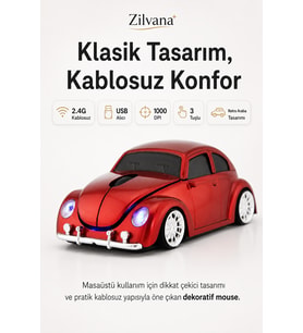 Klasik Kırmızı Beetle Vosvos Tasarımlı 2.4G Kablosuz Mouse USB Alıcılı Kırmızı Araba Şeklinde Optik Mouse