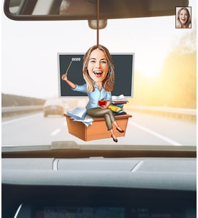Kişiye Özel Karikatürlü Öğretmen Ahşap Araba Dikiz Ayna Süsü