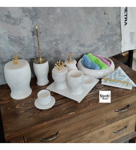 Beyaz Mermer Mercan Aparatlı 10 Parça Banyo Seti