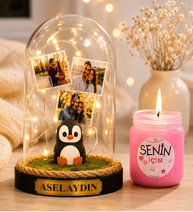 Kişiye Özel 3 Fotoğraflı LED Işıklı Fanus(penguen) ve Kokulu Mum Hediye Seti