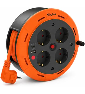 Makaralı Uzatma Kablosu, 5 Metre 3x1 mm² Kablo Kesiti, 4'lü Schuko Topraklı Priz, USB ve Type C Şarj Çıkışlı, F Tipi, IP20, 250V 16A, EN 61242, Termal Korumalı, Güç Gösterge Işıklı