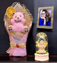 Sizlere Özel Set, Peluş Ayıcık Buketi & Işıklı Beyaz Melekli Fanus Hediye Seti