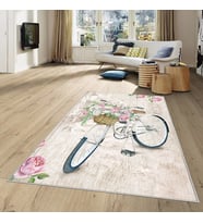 Gri Bisiklet Desenli Yıkanabilir Kaymaz Taban Leke Tutmaz Modern Salon Halısı ve Yolluk