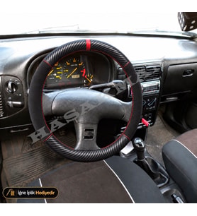 Seat Ibiza Mk2 Dikme Direksiyon Kılıfı Alcantara Süet Mat Karbon Kırmızı Yüzük ve Dikiş Stella-Signo-Tuşsuz 1994-2002