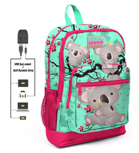 Coral High Kırmızı-Yeşil Koala Baskılı İlkokul ve Günlük Sırt Çantası - Kız Çocuk - USB ve AUX Soketli