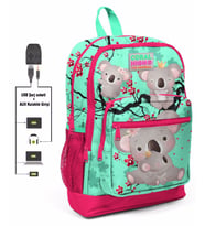 Coral High Kırmızı-Yeşil Koala Baskılı İlkokul ve Günlük Sırt Çantası - Kız Çocuk - USB ve AUX Soketli
