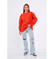 Turuncu Kadın Pamuklu Oversize Basic Bisiklet Yaka Sweatshirt