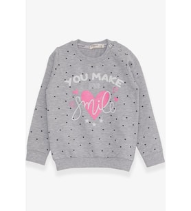 Breeze Kız Çocuk Sweatshirt Simli Kalp Baskılı 2-6 Yaş, Gri Melanj