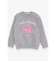 Breeze Kız Çocuk Sweatshirt Simli Kalp Baskılı 2-6 Yaş, Gri Melanj