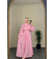 kadın pembe belden oturtmalı çiçek detaylı premium tesettür elbise NBVQ4933