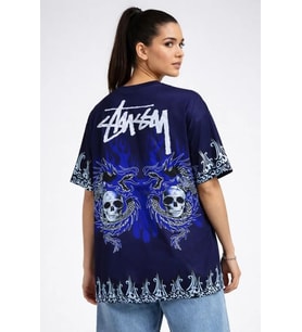pilelistore- Lacivert Oversize Tişört Dragon - Kuru Kafa Baskılı Bisiklet Yaka T-Shirt - Lacivert
