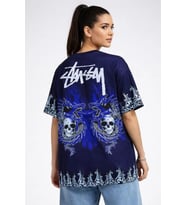 pilelistore- Lacivert Oversize Tişört Dragon - Kuru Kafa Baskılı Bisiklet Yaka T-Shirt - Lacivert