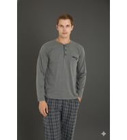 Erkek Düğmeli Yaka Ekose Desenli Pijama Takımı Lüx Tasarım (Gri)