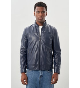 Koyu Lacivert Suni Deri Hakim Yaka Düz Yırtmaçsız Tam Astar Slim Fit Casual Deri Mont 1038245151