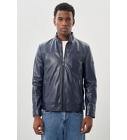 Koyu Lacivert Suni Deri Hakim Yaka Düz Yırtmaçsız Tam Astar Slim Fit Casual Deri Mont 1038245151