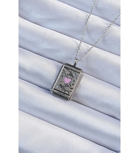 Mey İthalat® 316L Çelik Zincir Eskitme Gümüş Renk Pembe Mineli Kalp Figürlü Tarot Kolye