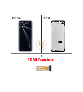 Oppo A92 Siyah Uyumlu Lensli Orta Kasa + B7000 Yapıştırıcı Full Kasa Kapak Gövde Housing