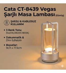 Cata CT-8439 Vegas Şarjlı Masa Lambası Dokunmatik 6400K Gümüş