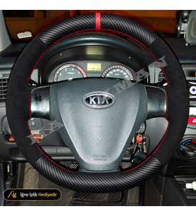 Kia Rio Dikme Direksiyon Kılıfı Alcantara Süet Mat Karbon Kırmızı Yüzük ve Dikiş JB Nesil-Comfort-Tuşsuz 2009-2011