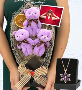 Fotoğraflı Büyük Boy 3'lü Tasarım Peluş Ayıcık Buketi ve Gerçek Ametist Taşlı Lotus Kolye (Model 2)