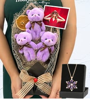 Fotoğraflı Büyük Boy 3'lü Tasarım Peluş Ayıcık Buketi ve Gerçek Ametist Taşlı Lotus Kolye (Model 2)