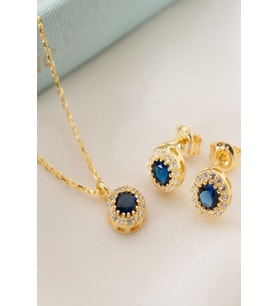 925 Ayar Gümüş Eylül Ayı Doğum Taşı ( Sapphire ) Kolye - Küpe Seti