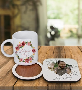Kişiye Özel Tasarım Kupa Bardak Ve Fotoğraflı Ahşap Bardak Altlığı 99423 (Krem)
