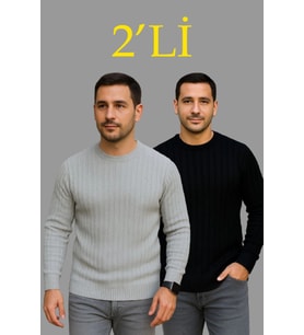 Erkek Fitilli Triko Kazak 2’li Set – Siyah - Gri, Kalın Dokuma Pamuklu Regular Fit Bisiklet Yaka Uzun Kollu Rahat Kışlık Kazak Kombini