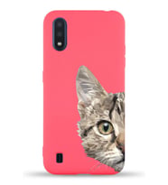 Samsung Galaxy A01 Uyumlu Lansman Kılıf Catface Tasarımlı İçi Kadife Kapak-Neon Pembe (Şeffaf)