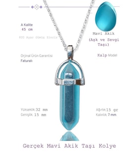 Sertifikalı Çivi Model Açık Mavi Akik Taşı Kolye (1.Kalite) (Çok Renkli)