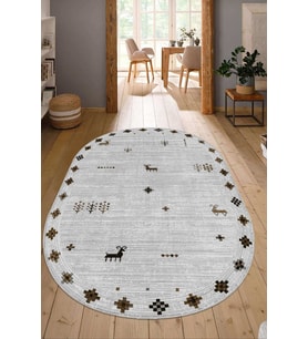 Dijital Baskılı Kaymaz Taban Yıkanabilir Oval Salon Halısı Mutfak Halısı Yolluk NDO-SD-1056 (Gri)