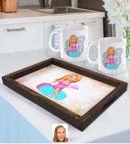 BK Gift Kişiye Özel Kadın Doğum Günü Karikatürlü Doğal Ahşap Tepsi ve 2’li Kupa Bardak Seti-2