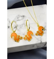 925 Ayar Gümüş Gold Kaplama Parlayan Rüya Serisi Tasarım Ebruli Cam Boya Sincap Küpe Ve Kolye Set