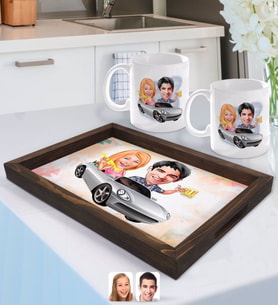 BK Gift Kişiye Özel Sevgililer Karikatürlü Doğal Ahşap Tepsi ve 2’li Kupa Bardak Seti-53