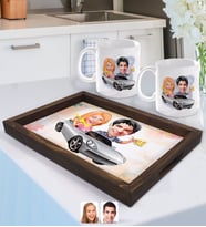 BK Gift Kişiye Özel Sevgililer Karikatürlü Doğal Ahşap Tepsi ve 2’li Kupa Bardak Seti-53